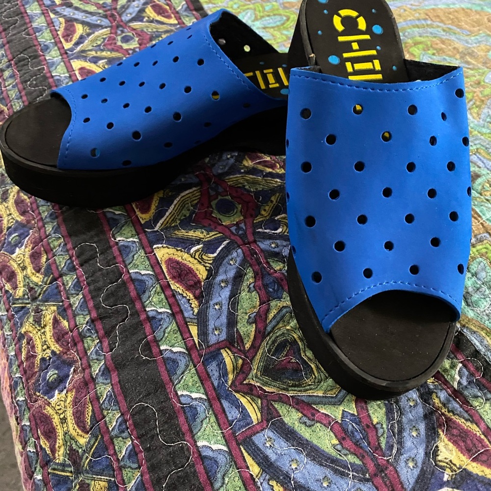 Blue Perforated Slide Sandals with 1.5” black wedge